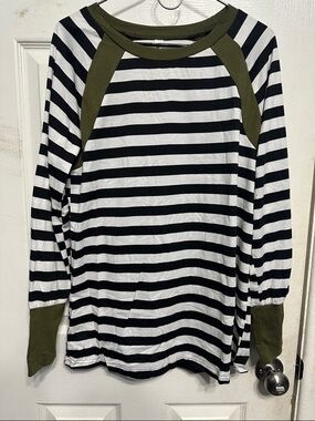 Tickled Teal Black & White Striped Top with Olive Green Trim
